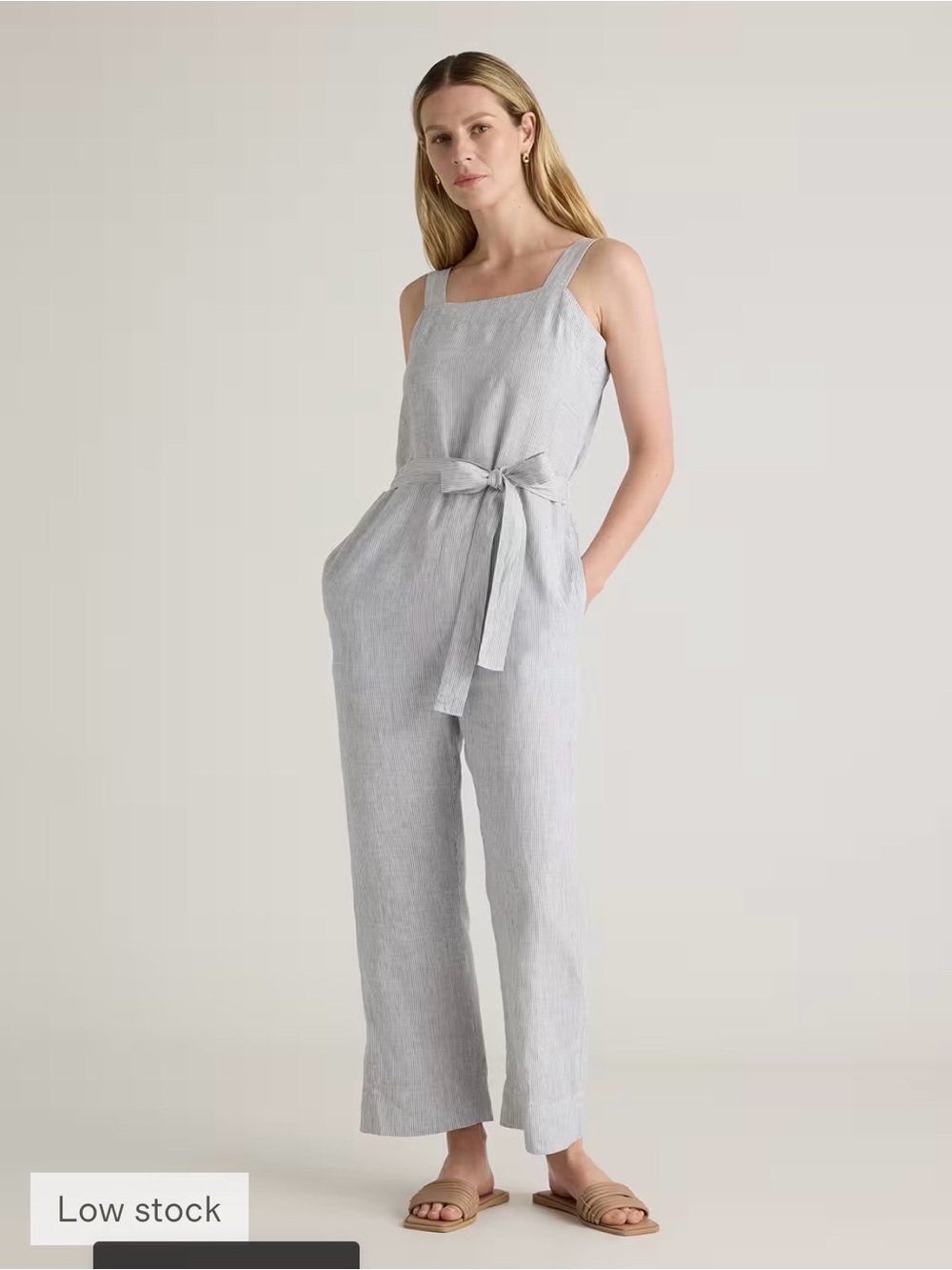 Quince European Linen Square Neck Jumpsuit with Tie Waist Small